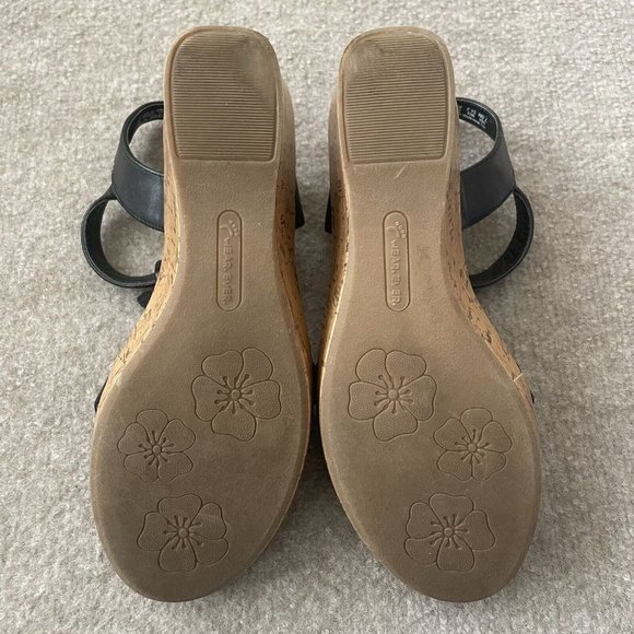 Wear Ever Sandals Womens 7.5 Black Faux Leather Floral Wedge Buckle 3" Heel - Picture 12 of 15